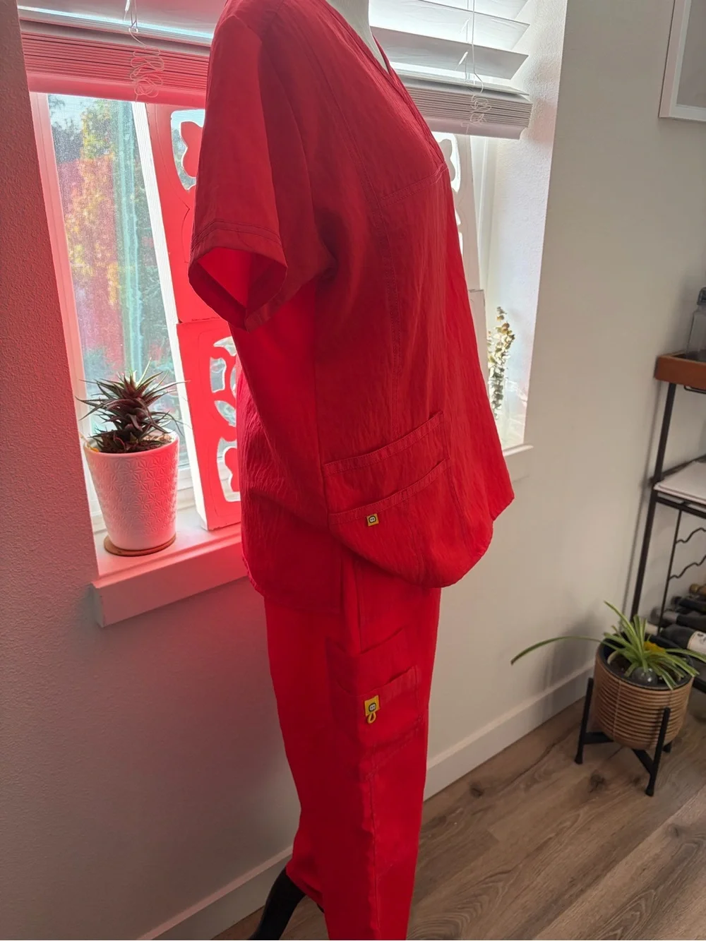 Women's Red V-Neck Scrub Top & Jogger Pant Set